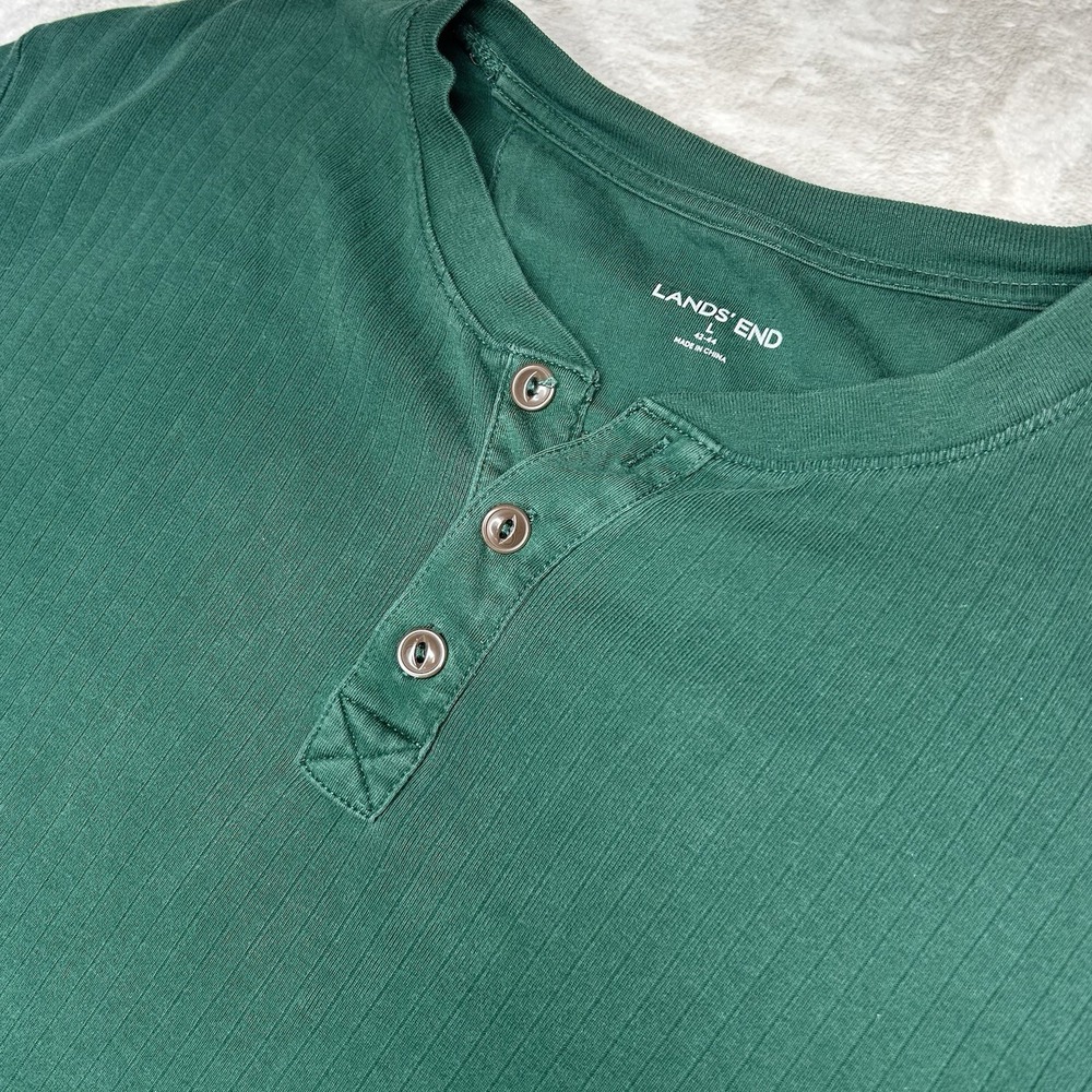 Lands End Men's Large Emerald Green Long Sleeve Knit Rib Pajama Henley Shirt